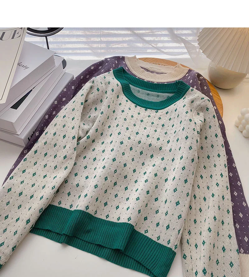 

Autumn new style Korean retro hit color o-neck jacquard long-sleeved knitted sweater women