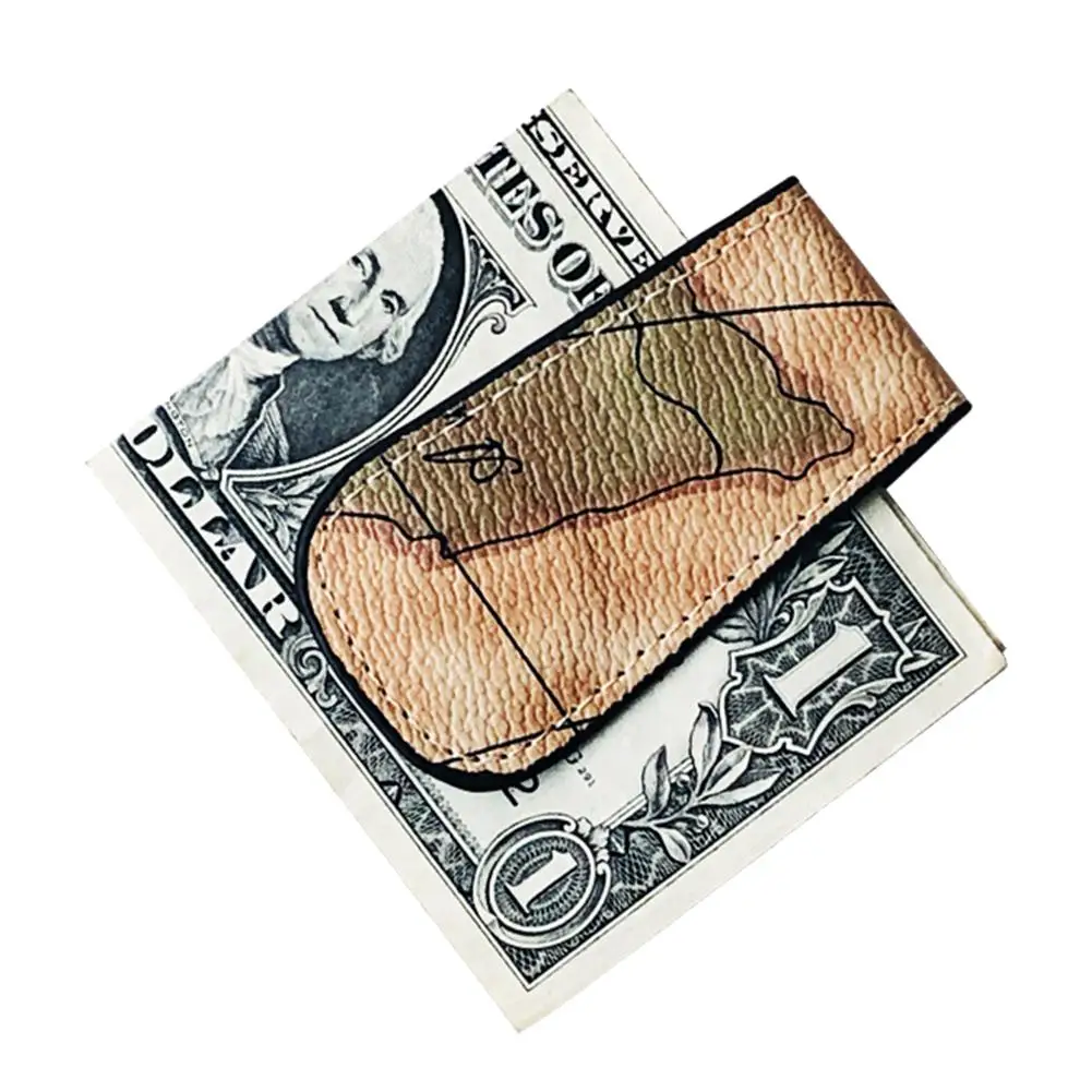 Synthetic Leather Wallet PU Leather Magnetic Money Clip Unisex Map Pattern Mini Clip Holder Credit Business Card Holder