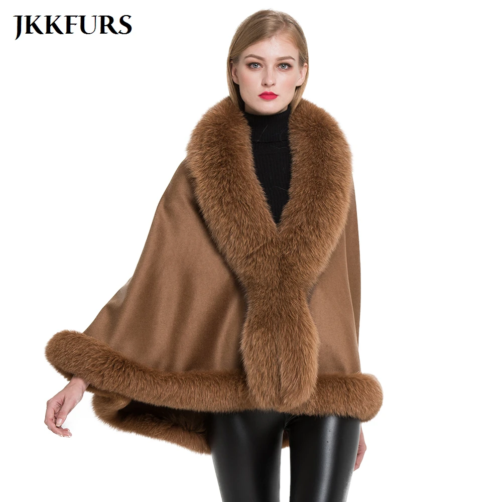 JKKFURS женское пончо из натурального меха отделка воротника Лисьего и шерстяная