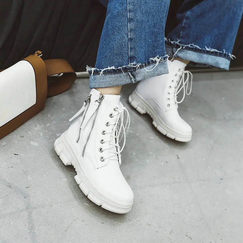 QUTAA/ г. Женская обувь из искусственной кожи на квадратном каблуке со шнуровкой на молнии модные ботинки до середины икры на платформе с круглым носком на осень-зиму размеры 34-43
