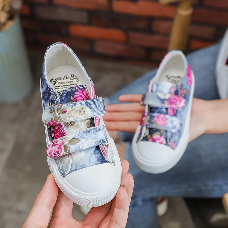 

Online Celebrity Graffiti Children Canvas Shoes Girls CHILDREN'S White Shoes Athletic Shoes Breathable Shoes Students Velcro Clo