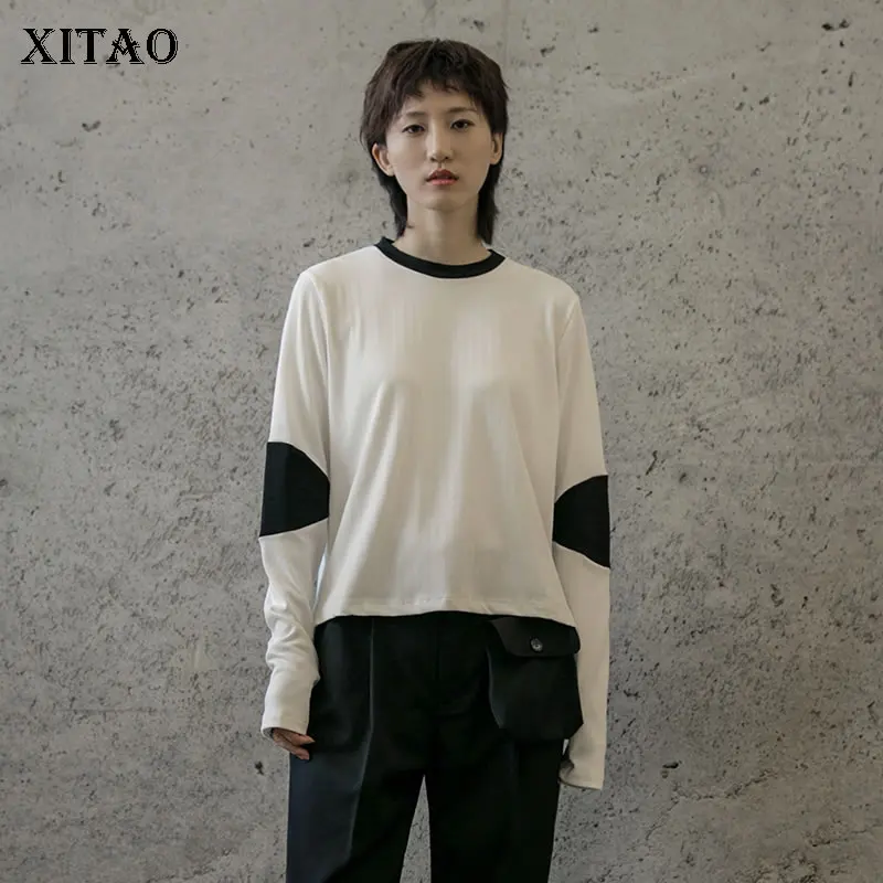 

XITAO Elegant O Neck Long Sleeve T Shirt Two Color Patchwork Loose Casual Plus Size Top Korean Style Women Clothes 2019 ZYQ1915