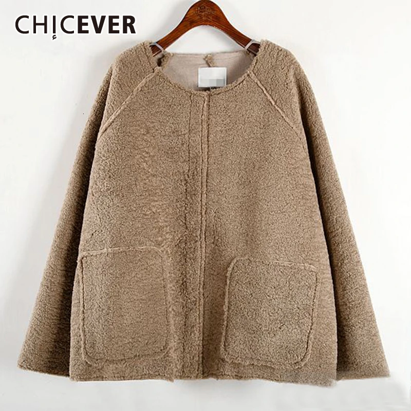 CHICEVER корейское повседневное шерстяное пальто для женщин с круглым вырезом и длинным рукавом, Свободные теплые зимние пальто больших размеров для женщин модная новая одежда
