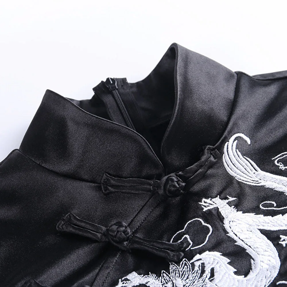 Традиционное китайское платье в готическом стиле, Ципао, чонсам, черный дракон, вышивка, короткий рукав, высокий разрез, женские вечерние платья, Клубные платья