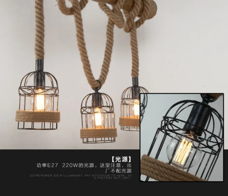 Лофт Винтаж сельских Открытый Подвесные Светильники пеньковая веревка Bamboo железной клетке, подвесные Лампы для мотоциклов ручной вязки