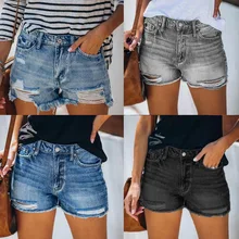 Short droit déchiré à l'eau pour femme, jean décontracté, noir, bleu, gris, nouvelle collection été 2021