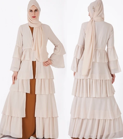 Дубай Стиль женщины открытый передний Кафтан Абая, для мусульман кардиган Jilbab халат Макси Вечерние платья - Цвет: Beige