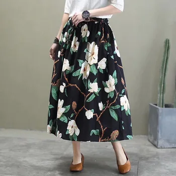 

Literary and Artistic Cotton and Linen Skirts Spring Summer 2020 New Mid-length High Waist Slim A Word Retro Elastic Skirt K436