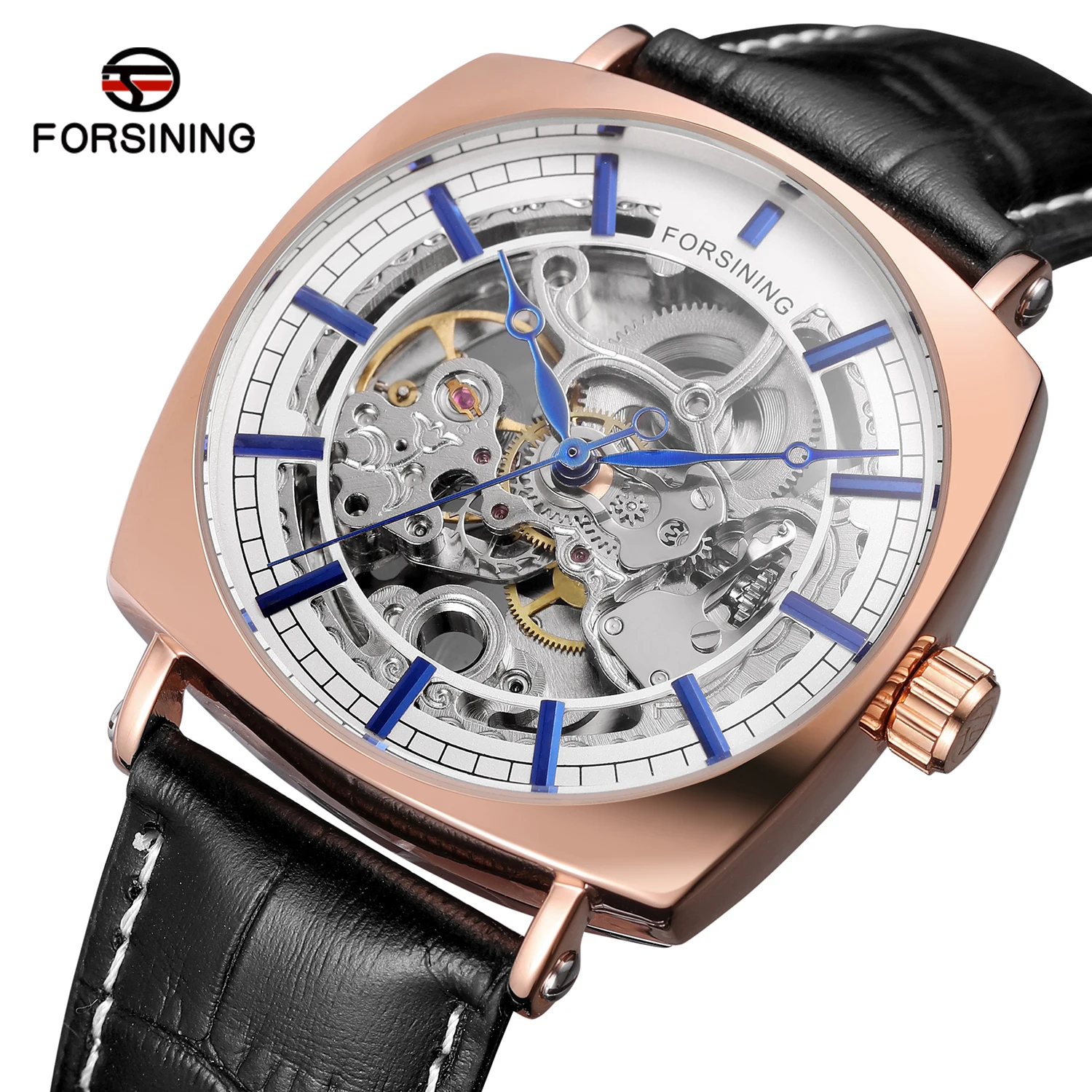 

Forsining 2020 Limited Edition Blue Hands Skeleton Flower Transparent Back Case Genuine Leather Belt Luxury Automatic Watches