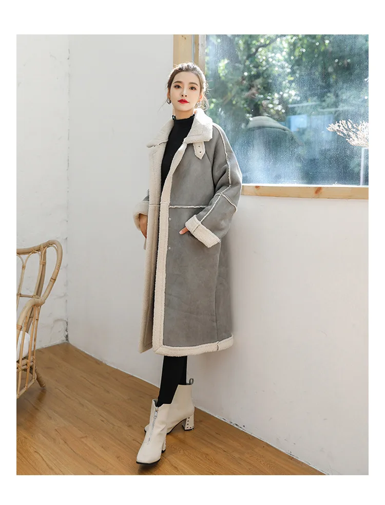 Yuxinfeng зимнее длинное пальто для женщин, повседневное замшевое пальто из искусственной кожи, Длинные куртки из овечьей шерсти, женские теплые толстые бархатные пальто, уличная одежда