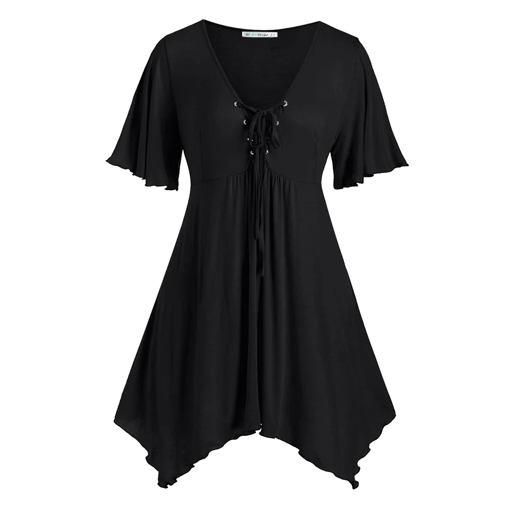  ROSEGAL Handkerchief Skirted Lace Up Plus Size Top Women V-Neck Short Sleeve T-Shirts Sexy Solid Te