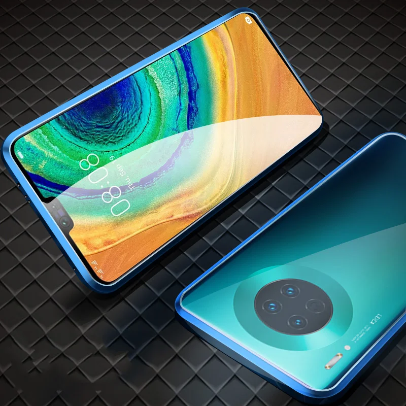 360 полный защитный Магнитный чехол для huawei mate 30 Pro ударопрочный чехол металлический бампер передний+ задний стеклянный чехол для huawei mate 30 - Цвет: Blue