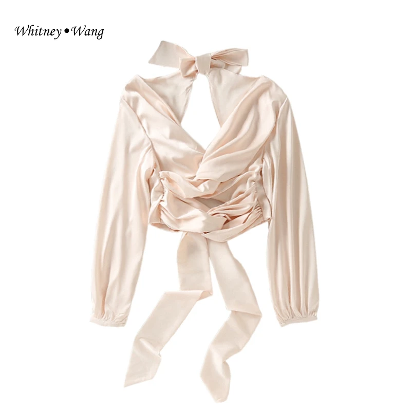 

WHITNEY WANG Blouses 2019 Autumn Fashion Streetwear Sexy Backless Bandage Satin Blouse Women blusas Shirt blusas Tops