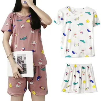 

Women Sweet Girls Summer 2Pcs Pajamas Set Short Sleeve Cartoon Crocolile Print Sleepwear O-Neck Loose Loungewear M-2XL