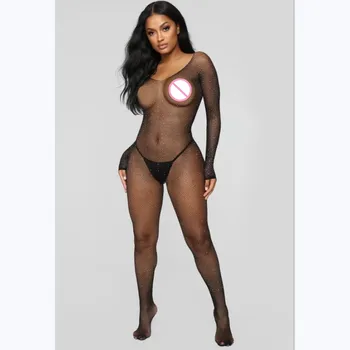 

Sexy Diamond Womens Fishnet Babydolls Lingerie Mesh Bodystocking Rhinestone Lady Shiny Black Fish Net Bodysuit