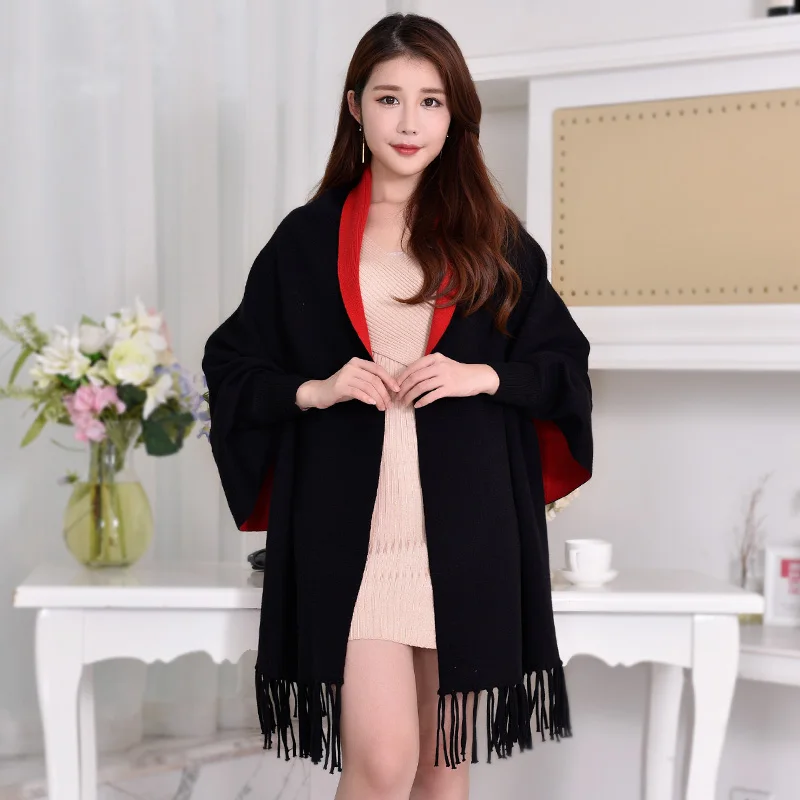 Women Winter Poncho with Sleeve Shawls and Wraps Pashmina Red Thicken Scarf Stoles Femme Hiver Warm Reversible Ponchos and Capes
