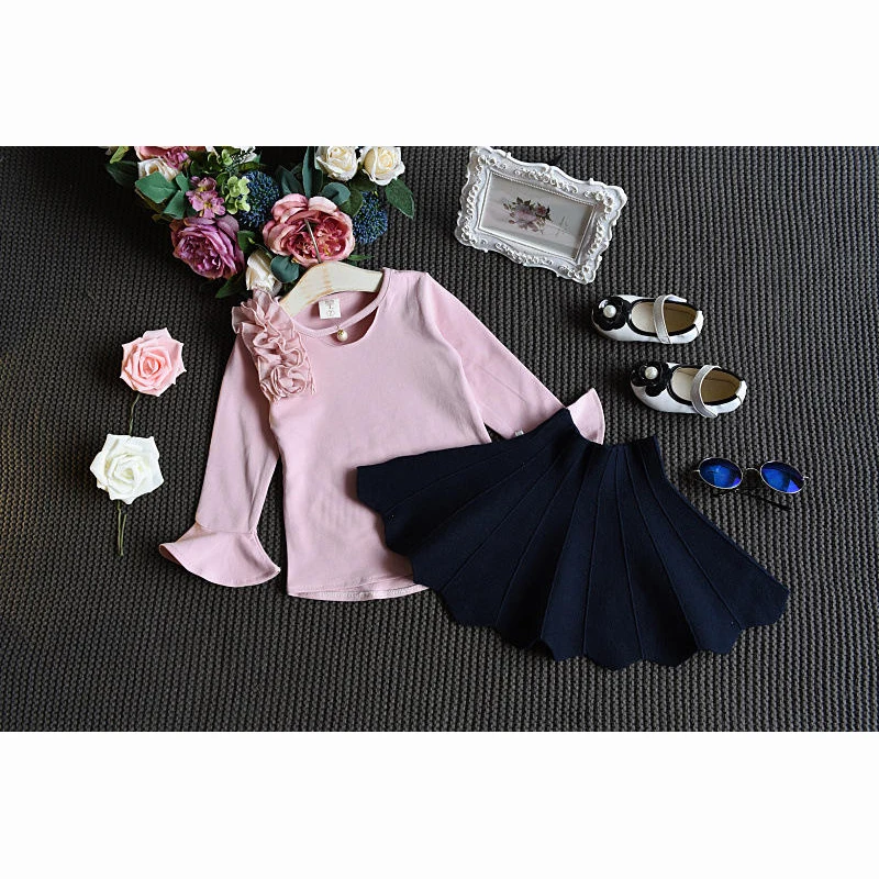 Осенняя детская одежда высококачественные рубашки с вышивкой и расклешенными рукавами для девочек+ модные черные юбки вечерние комплекты из 2 предметов