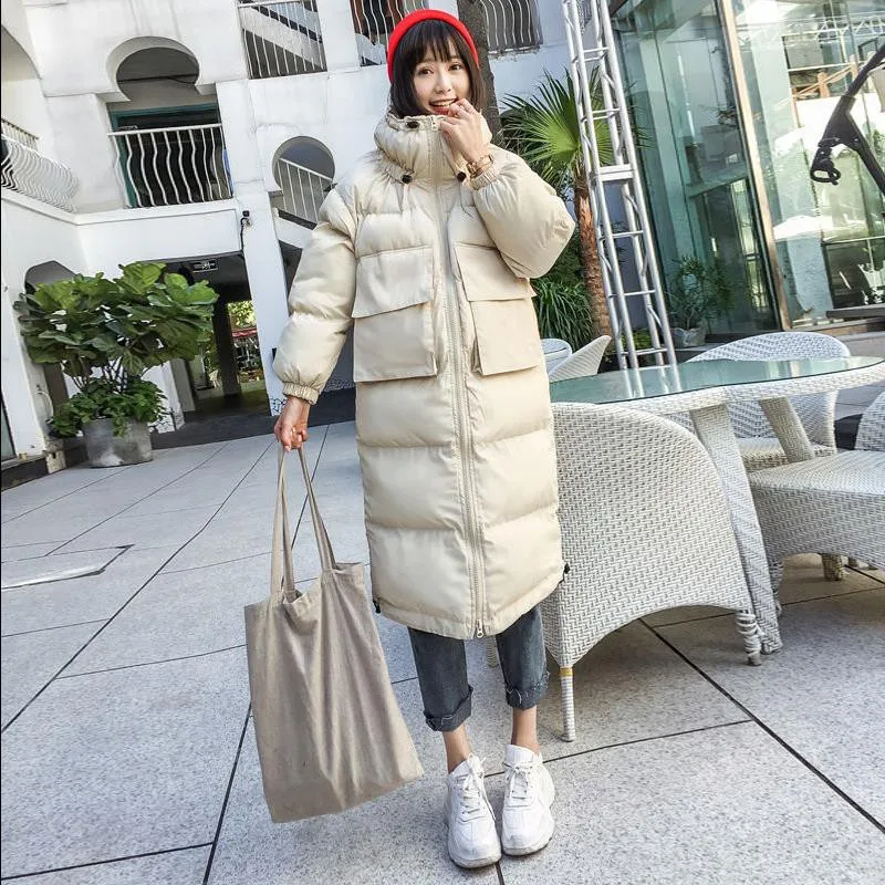 Harajuku модные повседневные свободные зимние куртки с карманами, женские длинные стеганые пальто со стоячим воротником, Женская однотонная парка, топ, большие размеры, f2194