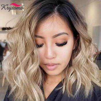 

Kryssma Ombre Blonde Wig Short Bob Wavy Synthetic Wigs For Women Cosplay Wigs Heat Resistant Fiber Hair Wig With Dark Roots