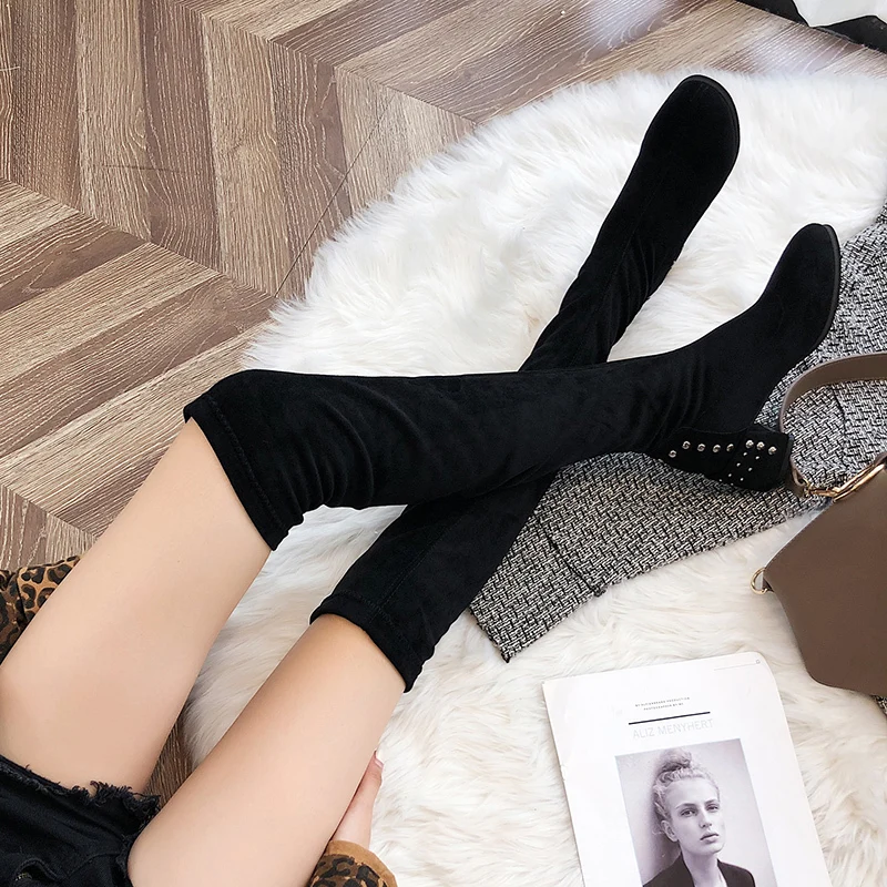 Rivet Decoration Black Over The Knee Boots Women 6 Cm High Heel Womens Long Boots Winter Keep Warm Slim Thigh High Boots Ladies