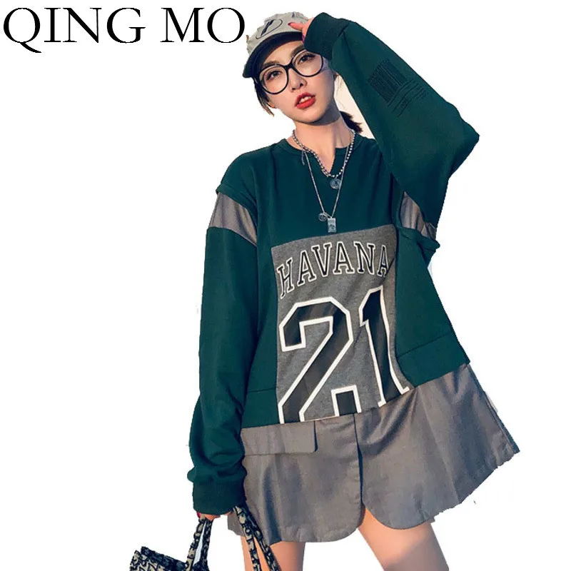 

QING MO Autumn Women Pullover Sweatshirt 2019 Women Patchwork Color Sweatshirt Letter Female Irregular Top Green Black ZQY1942