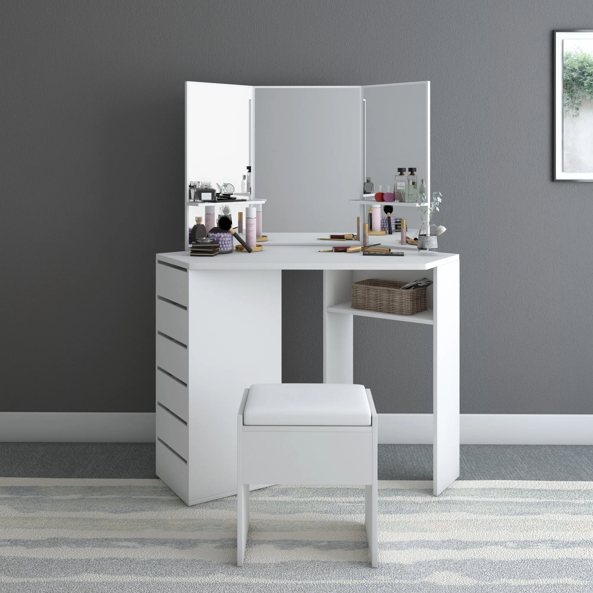 

Panana Modern Corner Dressing Table Makeup Curved Mirror with Stool Shape Home Working Study Desk Fast delivery