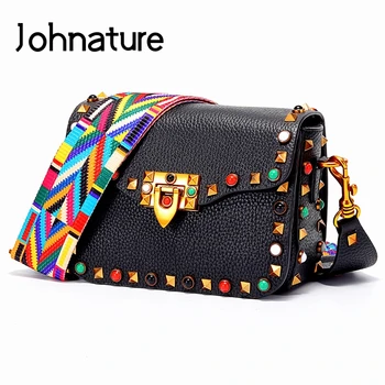 

Johnature Fashion Rivet Small Women Bag 2020 New First Layer Cowhide Shoulder Bags Vintage Lock Bag Cow Leather Messenger Bag