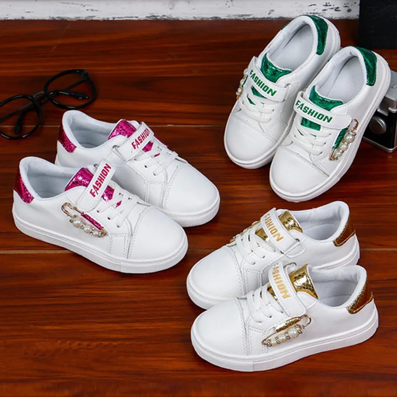White Girls Shoes Kids Sneakers for Princess Fashion Pearl Girl Student Sports Shoes Spring Fall Children Casual Shoes CSH921