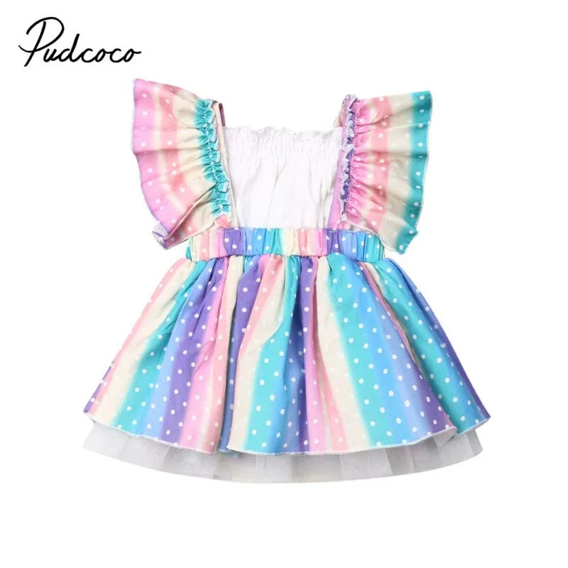 

2019 Baby Summer Clothing Newborn Kid Baby Girl Ruffle Strapless Tube Tops Tutu Colorful Rainbow Dots Dress Outfits 2Pcs Set