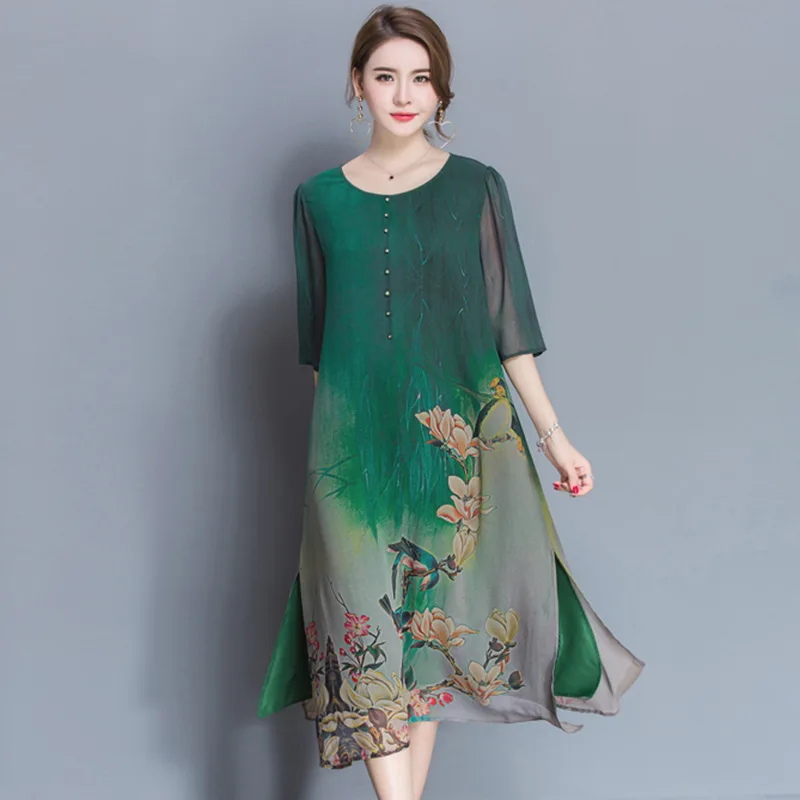 

M-4XL Plus Size New Spring Summer Midi Dress Chinese Style Dress High Quality Loose Print Party Women's Dress Female
