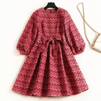 

European and American women's clothing 2019 winter new style 7 minutes of sleeve The lantern sleeve Jacquard fashion dress