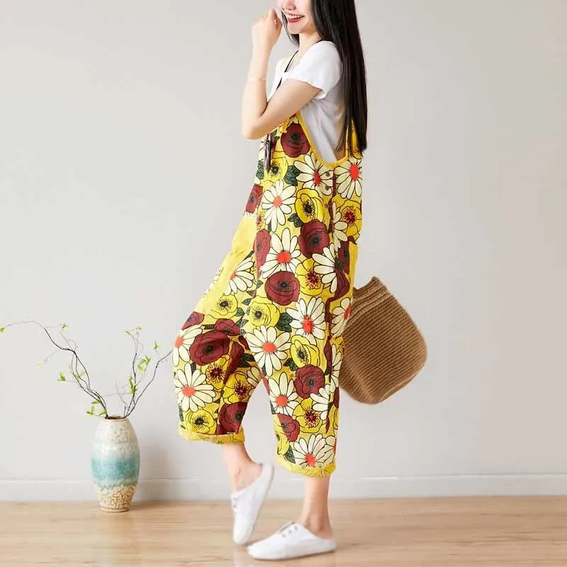 Vintage Women Pocket Harem Jumpsuit Loose Big Size Floral Printed Hole Overalls Summer Ripped Denim Long Romper