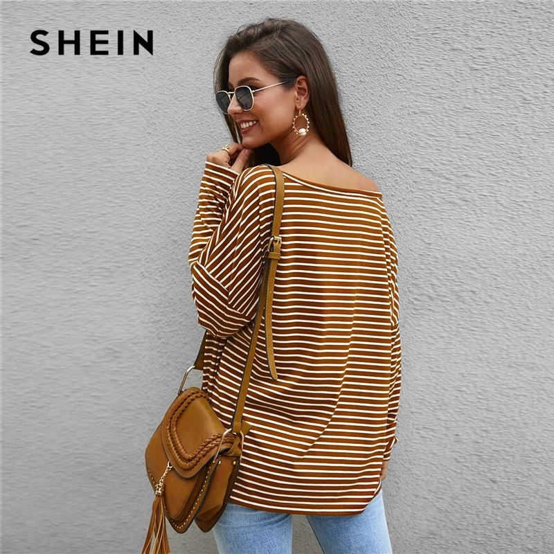 SHEIN полосатый принт Асимметричная Шея негабаритная футболка Женские топы Падение плеча осень длинный рукав Свободная Повседневная футболка Топы