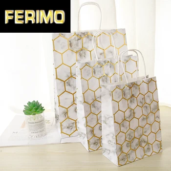

10Pcs Bronzing marbled Festival Gift Bag Kraft Shopping Bags DIY Multifunction Recyclable Paper Bag With Handles