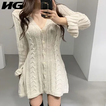 

HG Knitted Sweater Fashion New Women Solid Color Full Sleeve Single Breast Loose 2020 Autumn Elegant Casual Sweater ZP3434