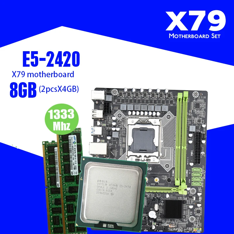 Комплект материнской платы Kllisre X9A с Xeon LGA 1356 E5 2420 C2 2x4 ГБ = 8 Гб 1333 МГц DDR3 память ECC