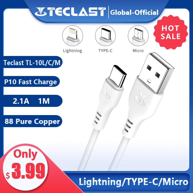 Teclast-Cable Lightning P10 de carga rápida, Cable Micro USB tipo C 2.1A, calidad duradera, material de PVC de 1m, carga rápida