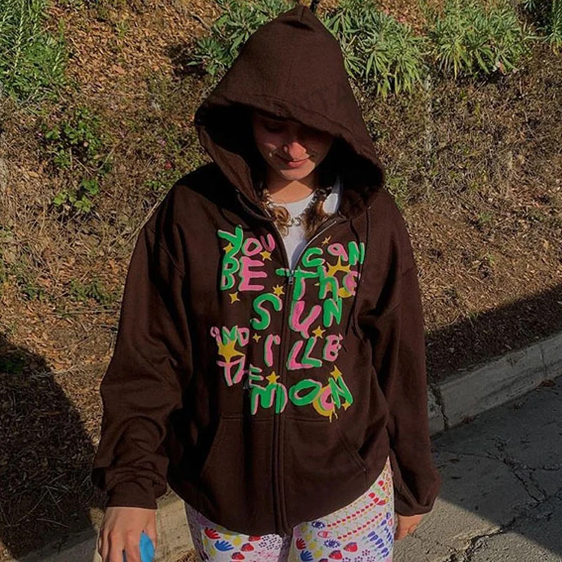 graffiti zip up Vintage brown hoodie y2k aesthetic graphic print long
