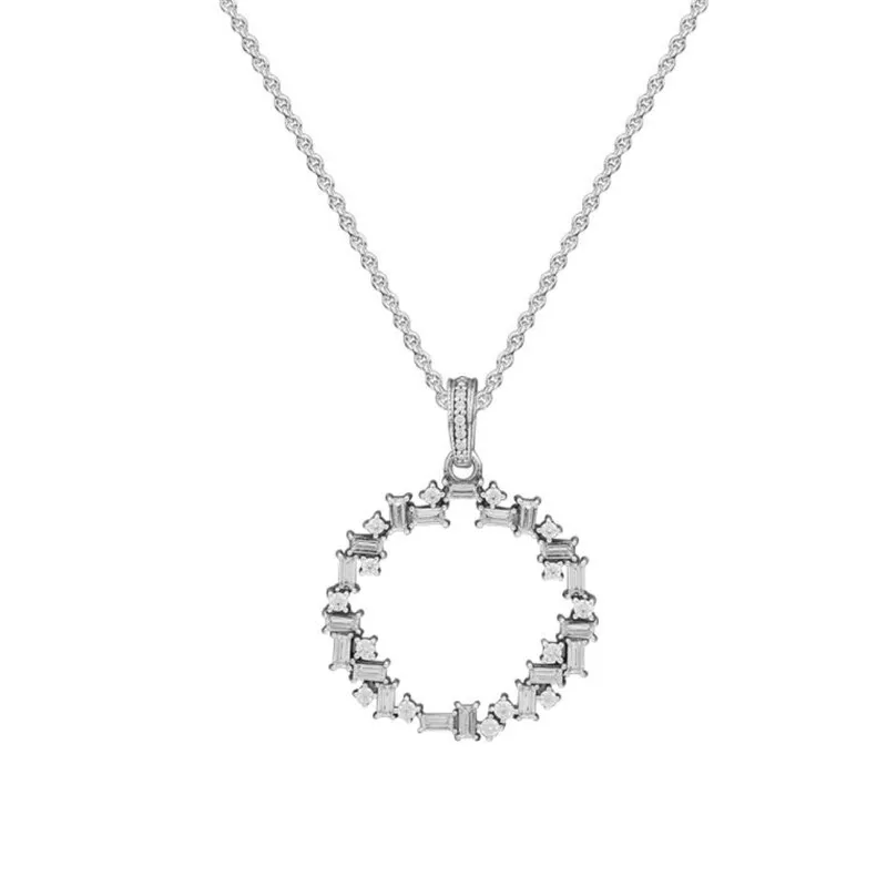 

PANDULASO 925 Sterling Silver Shards Of Sparkles Pendant Necklace Fashion Round CZ Stone Circle Long Necklace For Women Jewelry