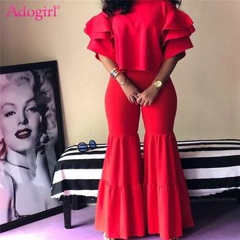 

Adogirl Solid Women Fashion Casual Two Piece Set Ruffle Short Sleeve Loose Crop Top Foot Cut Flare Pants Female Outfits Suit