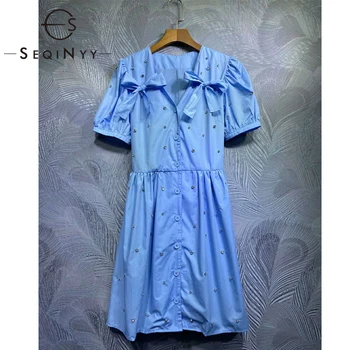

SEQINYY Office Lady Dress 2020 Summer Spring New Fashion Design Women Short Sleeve Bow Crystal Pure Color Mini Dress