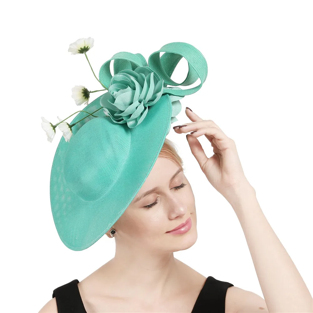 emerald green Большие шляпы millinery, Kenducky derby, королевская женская шляпа для свадебной вечеринки с милыми цветочными аксессуарами, петлями, головной убор, повязка на голову - Цвет: emerald green