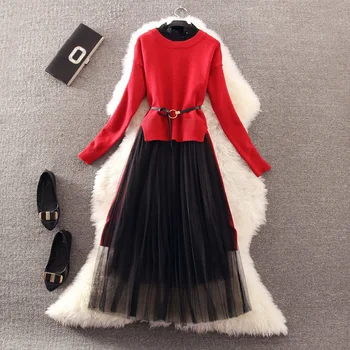 

2019 New Autumn Winter Women's Irregular Long Sleeve Knit Sweater + Black Gauze Dress Two Piede Female Elegant Dress Set
