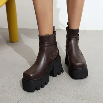 

US4-11 Womens Pointy Toe Platform Ankle Boots Motorcycle Chunky High Heel Shoes Warm Winter Plus Size Retro Punk A02X1