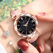 Women Watch Fashion Leather Band Ladies Quartz  Starry Sky Round Dial Roman Number Rhinestone Leather Band Watch