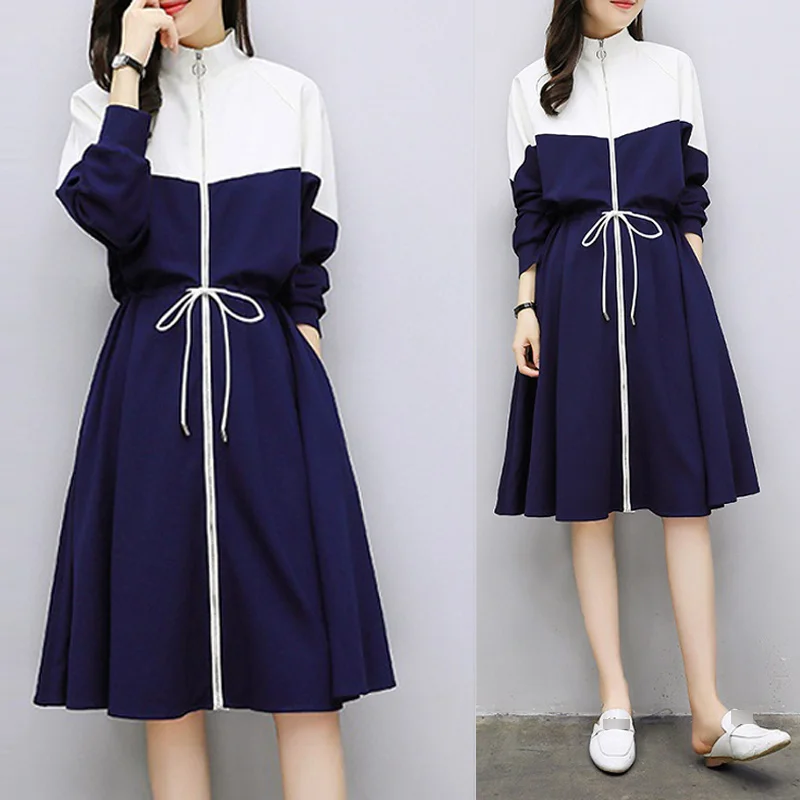 Белое темно-синее платье на шнурке для женщин; сезон весна-осень; большие размеры; плиссированные платья трапециевидной формы с длинными рукавами; повседневное корейское платье