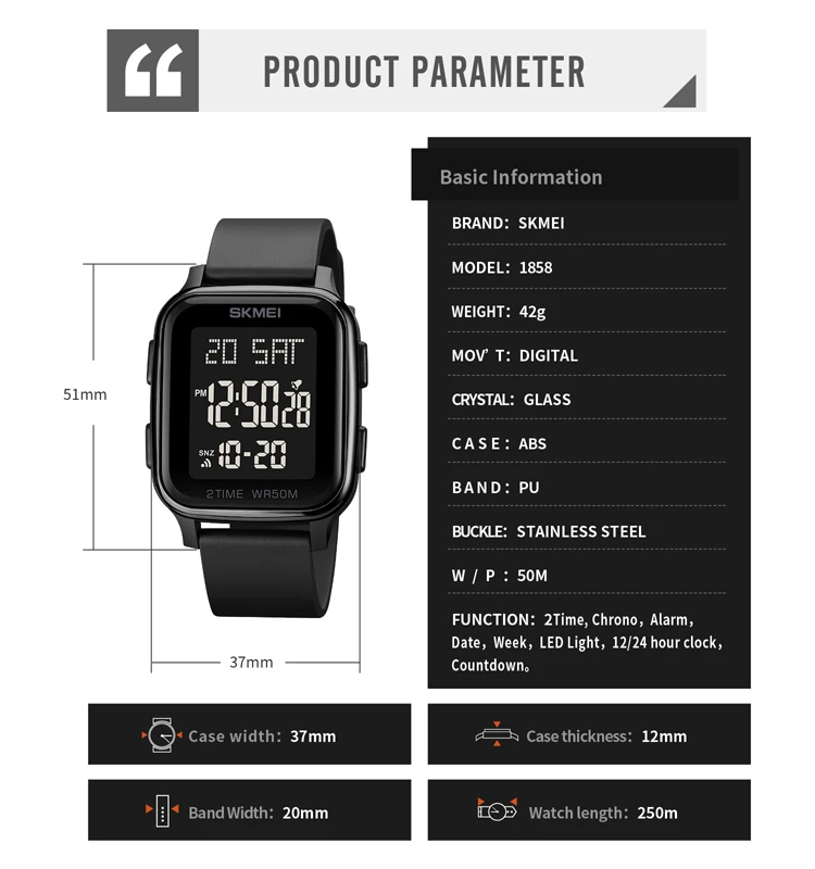 SKMEI Multifunctional LED Light Display Countdown Calendar Digital Wristwatches For Mens 5Bar Waterproof Sports Watch Alarm 6