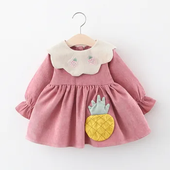 

2020 Autumn Baby Girls Corduroy Pineapple Print Long Sleeve Pleated Kids Dress Infant Toddler Clothes vestido infantil