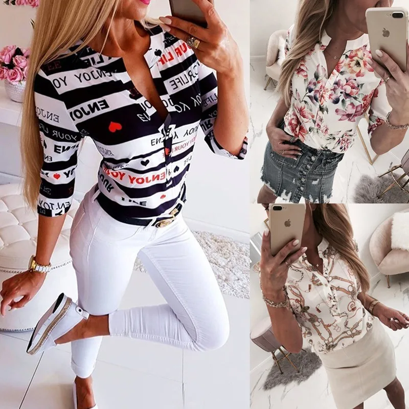 

Women Summer 2019 Button Sexy V Neck Half Sleeve Blouse Shirt Floral Fashion Casual Chic Shirt Female Top black Blouse Womens 85