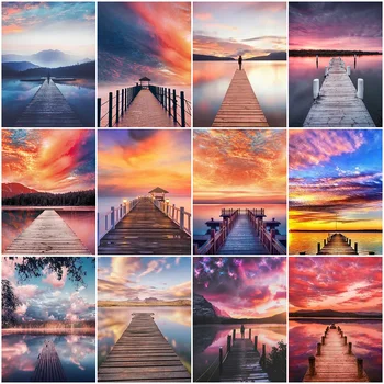 

HUACAN Full Square Diamond Painting Bridge Landscape Home Decor Embroidery Natural Scenery Mosaic Diamond Art